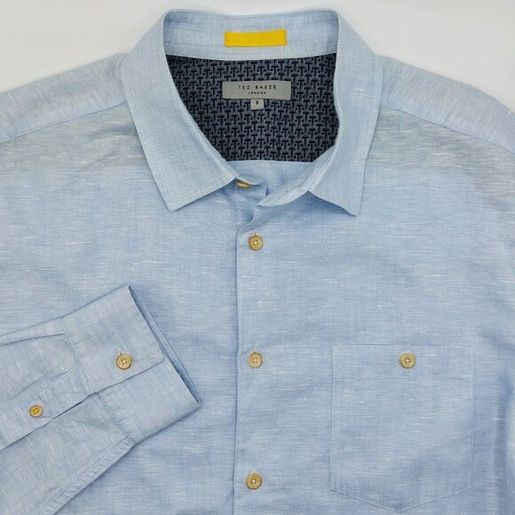 Ted Baker London Linen Blend Shirt Men's Size 5 (XL) Button Up Blue Front Pocket - Picture 1 of 9